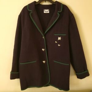 Vintage Boiled Wool Burgefried Navy Blue Green Floral Jacket Coat Size Large